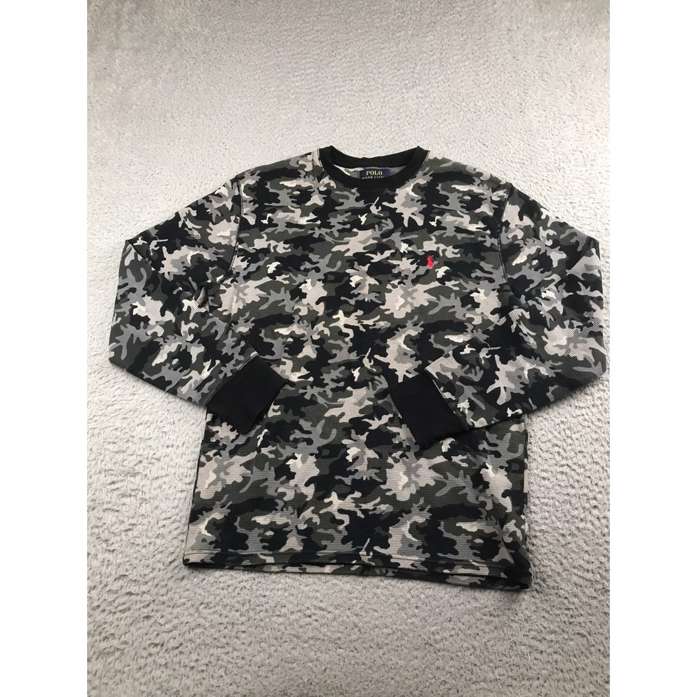 Polo Ralph Lauren Thermal Shirt Mens L Gray Black Camo Waffle Knit Long Sleeve